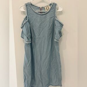 PPLA CLOTHING Denim lightweight Dress cold shoulder frayed edges Sz LG NWT